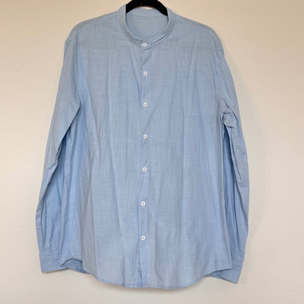 Bundle 2 Mandarin Collar Linen Blend Long Sleeve Shirt Sky Blue, Gray Mens Sz L